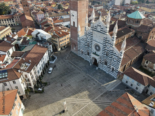 Aerial view of facade of the ancient Duomo in Monza (Monza Cathedral). Drone photography of the main square with church in Monza in north Italy, Brianza, Lombardia, near Milan. photo