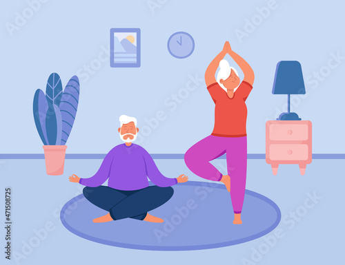 Healthy yoga exercises of elder couple. Happy senior man and woman stretching on mat, doing morning meditation together at home flat vector illustration. Active family lifestyle, sport concept