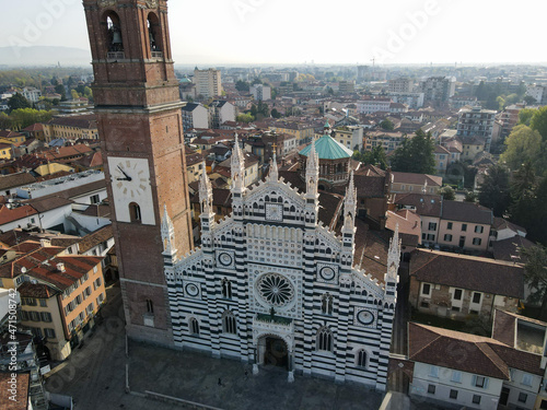 Aerial view of facade of the ancient Duomo in Monza (Monza Cathedral). Drone photography of the main square with church in Monza in north Italy, Brianza, Lombardia, near Milan. photo
