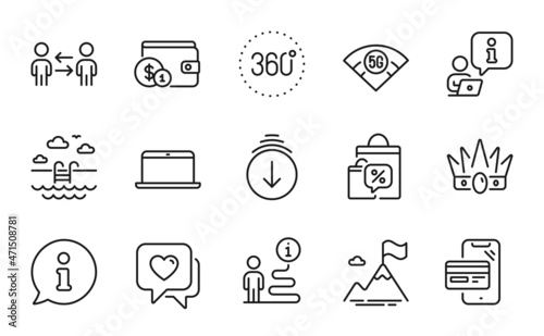 Fototapeta Naklejka Na Ścianę i Meble -  Business icons set. Included icon as Scroll down, Crown, Online shopping signs. Heart, Buying accessory, 5g wifi symbols. 360 degrees, Sale bags, Teamwork business. Laptop, Mountain flag. Vector