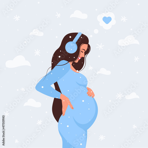 Banner with pregnant beautiful woman in winter season with snowflake, future mom of hugging belly with arms in christmas. Happy Mother's Day. Flat vector  holiday illustration.	