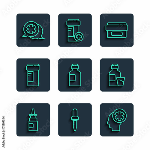 Set line Bottle nasal spray, Pipette, Male head with hospital, Ointment cream tube medicine, of syrup, Medicine bottle, Dialogue the doctor and icon. Vector