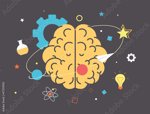 Image of brain. Metaphor of mental activity. Generation of ideas, creativity, biology, physiology. Infinite potential, concept of cerebral Hemisphere, science. Cartoon flat vector illustration