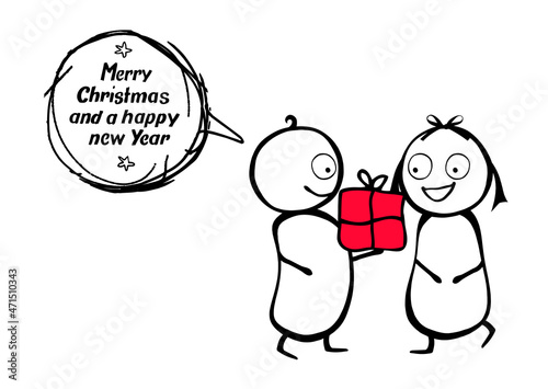 Zwei Comicfiguren mit "Merry Christmas and a happy new year" Sprechblase