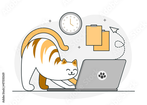Cute Cat image. Kitten stretching near laptop. Little prankster, personage interferes with owners work. Pictures with animals. Comfort, apartment, home, cosiness. Cartoon flat vector illustration