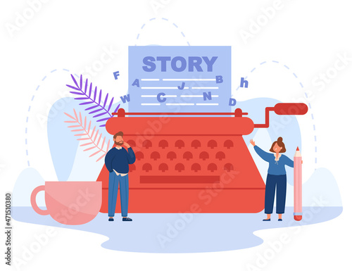 Tiny authors creating literature with vintage typewriter. Process of writing creative novels, chapter of story and poetry by people flat vector illustration. Imagination, storytelling concept