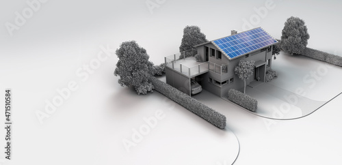 stilisiertes modernes Haus aus der Vogelperspektive mit einer Photovoltaik-Anlage auf dem Dach