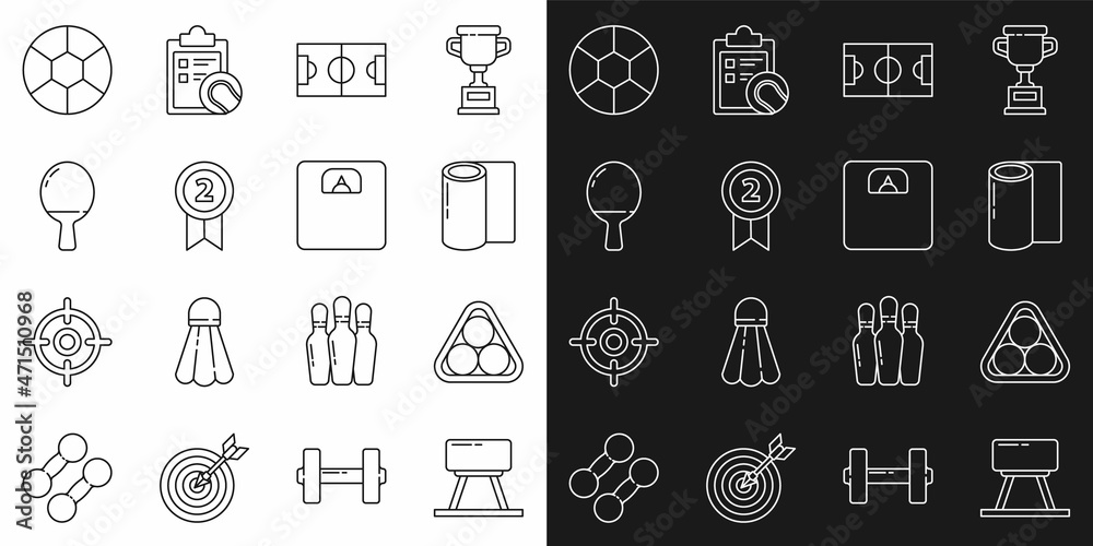 Set line Pommel horse, Billiard balls in a rack triangle, Fitness mat roll, Football soccer field, Medal, Racket for playing table tennis, and Bathroom scales icon. Vector Set line Pommel horse, Billiard balls in a rack triangle, Fitness mat roll, Football soccer field, Medal, Racket for playing table tennis, and Bathroom scales icon. Vector