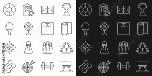 Set line Pommel horse, Billiard balls in a rack triangle, Fitness mat roll, Football soccer field, Medal, Racket for playing table tennis, and Bathroom scales icon. Vector