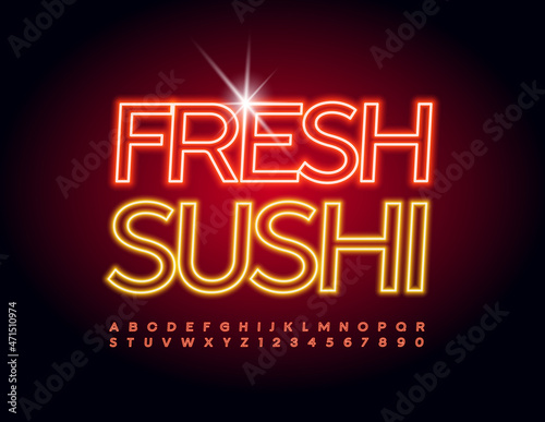Vector bright logo Fresh Sushi with Neon Red Font. Glowing trendy Alphabet Letters and Numbers set