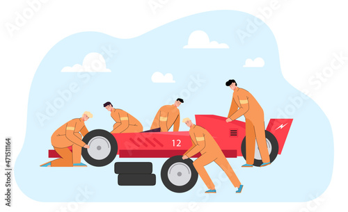 Maintenance team changing wheels of racing car on pit stop. Mechanics in uniform repairing auto flat vector illustration. Repair service, sports concept for banner, website design or landing web page