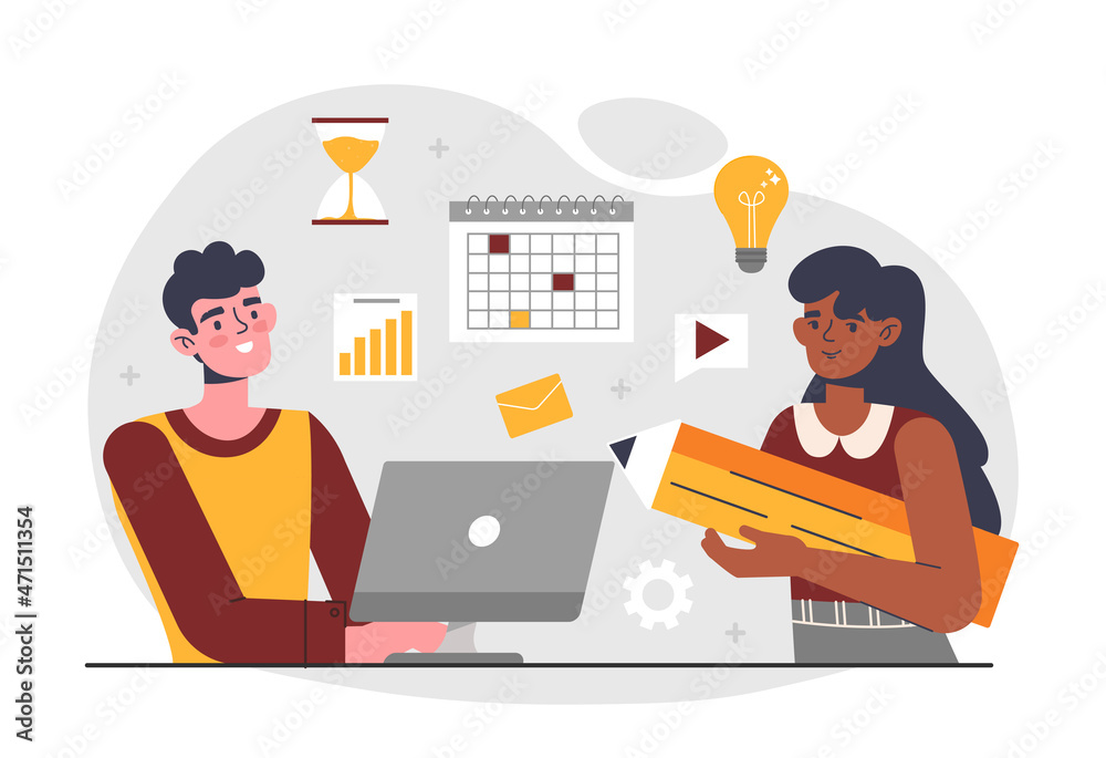 Concept of management. Girl distributes instructions to her subordinates. Boss sets goals and objectives. Employee trying to complete project by deadline, office. Cartoon flat vector illustration Concept of management. Girl distributes instructions to her subordinates. Boss sets goals and objectives. Employee trying to complete project by deadline, office. Cartoon flat vector illustration