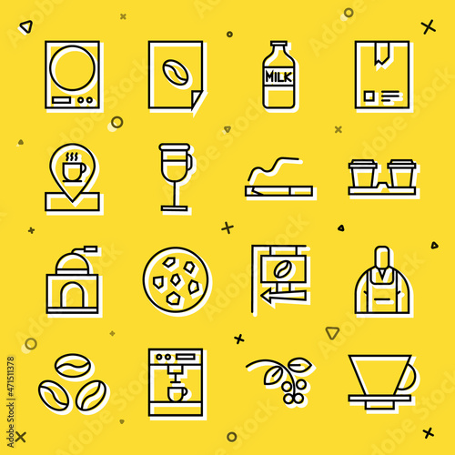 Set line V60 coffee maker, Barista, Coffee cup to go, Bottle with milk, Irish, Location, Electronic scales and Cigarette icon. Vector