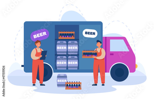 Couriers delivering stacks of bottles and kegs with fresh beer. Men carrying crates with drink from truck, working in delivery service flat vector illustration. Alcohol industry, brewery concept