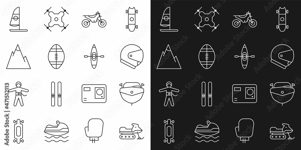 Set line Snowmobile, Speedboat, Helmet, Mountain bike, Rugby ball, Mountains, Windsurfing and Kayak or canoe icon. Vector Set line Snowmobile, Speedboat, Helmet, Mountain bike, Rugby ball, Mountains, Windsurfing and Kayak or canoe icon. Vector