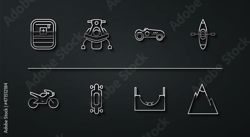 Set line First aid kit, Motorcycle, Kayak canoe, Skate park, Longboard skateboard, Snowmobile, Mountains and Vintage sport racing car icon. Vector