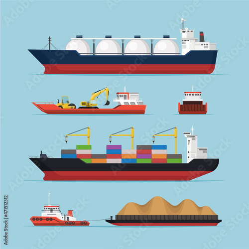 Ship Boat Transportation Marine Vessel Logistics Vector Illustration Set