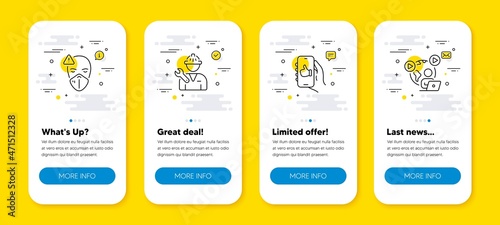 Vector set of Like app, Repairman and Medical mask line icons set. UI phone app screens with line icons. Video conference icon. Smartphone thumbs up, Repair service, Face respirator. Vector