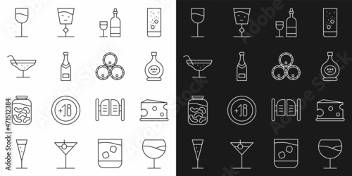 Set line Wine glass, Cheese, Bottle of cognac or brandy, bottle with, Champagne, Cocktail, and Wooden barrels icon. Vector