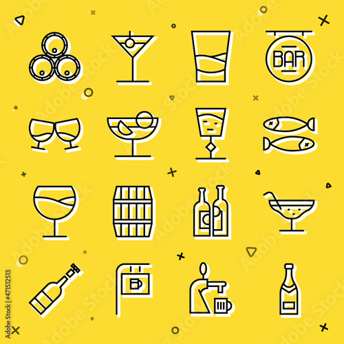 Set line Champagne bottle, Cocktail, Dried fish, Glass of vodka, cognac or brandy, Wooden barrels and Wine glass icon. Vector