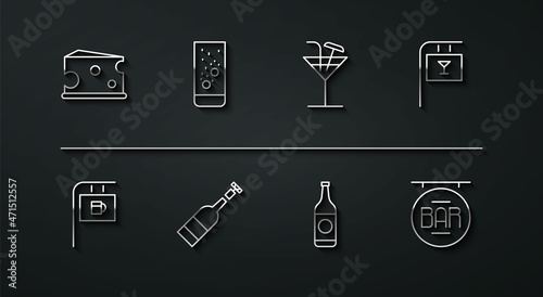 Set line Cheese, Street signboard with Bar, Beer bottle, Opened of wine, Effervescent tablets water, and Cocktail icon. Vector