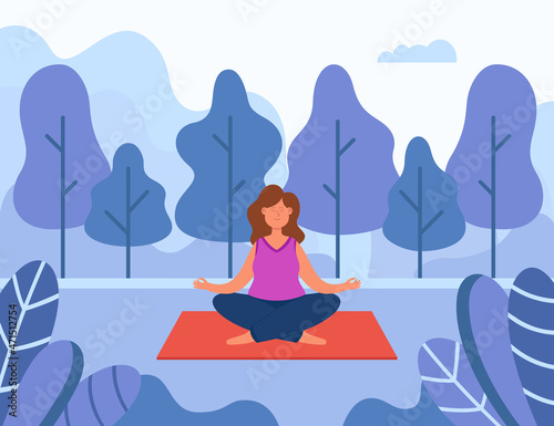 Forest yoga of woman and meditation in summer nature. Girl meditating on mat in lotus pose, bathing in fresh air and energy flat vector illustration. Wellness therapy, awareness, sport concept