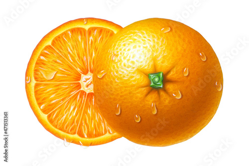 Orange cut on white background. Mixed media illustration