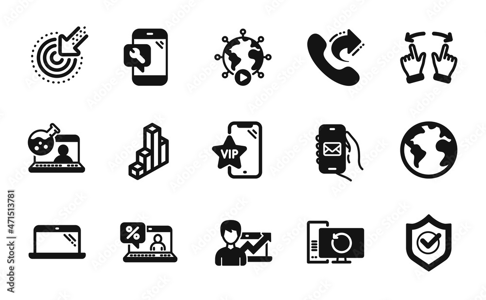 Vector set of Vip phone, Approved shield and Online loan icons simple