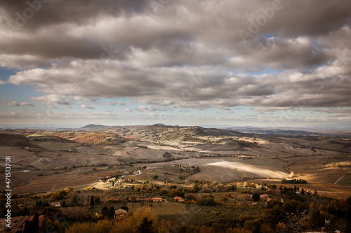 The Tuscany landscape at sunset from Montepulciano, Italy.