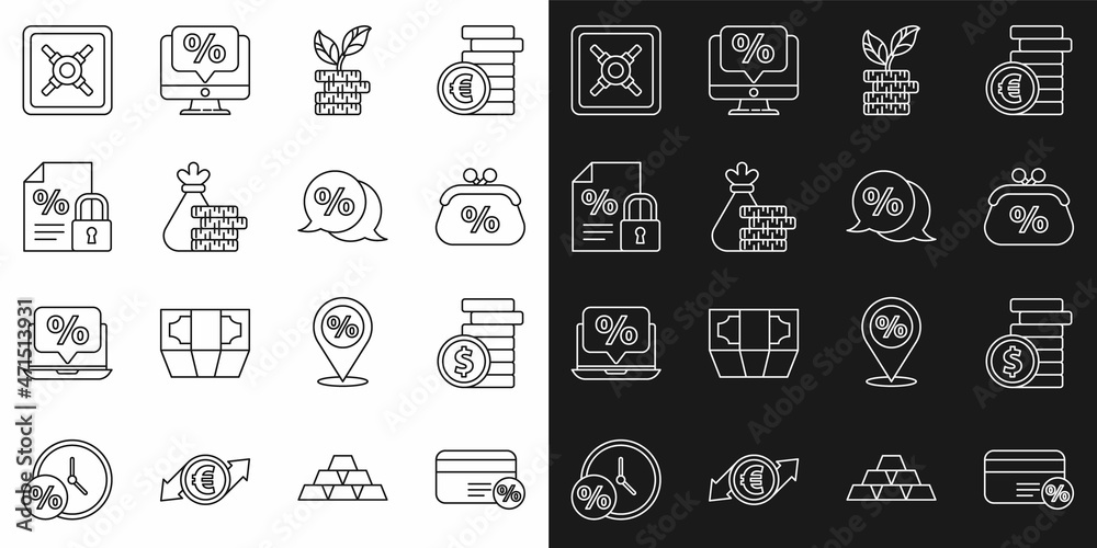 Set line Discount card with percent, Coin money dollar, Purse, Dollar plant, Money bag and coin, Finance document lock, Safe and tag icon. Vector