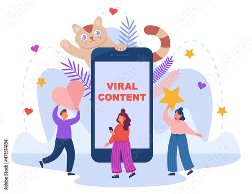 Search by people for viral content on social media. Tiny persons holding heart for like and rating star, standing near smartphone and funny cat flat vector illustration. Digital marketing concept