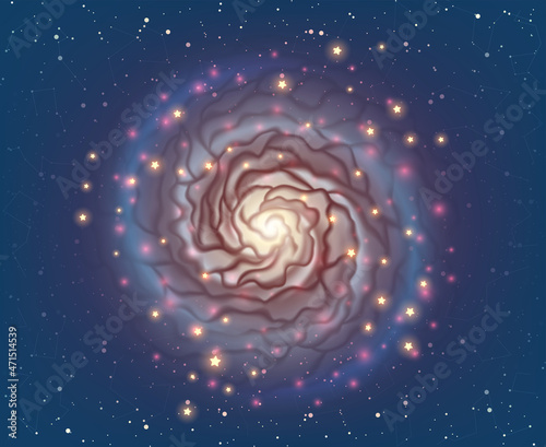Magic spiral galaxy with neon glowing stars over deep dark space illustration in vector. Fantasy digital artwork with planets, stars as swirl bright plasma.