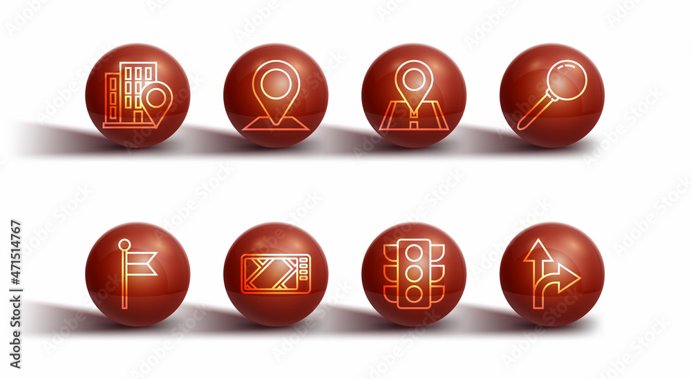 Set line Location with house, marker, Push pin, Traffic light, Gps device map, Road traffic sign and icon. Vector Set line Location with house, marker, Push pin, Traffic light, Gps device map, Road traffic sign and icon. Vector