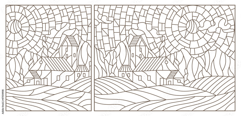 Fototapeta premium A set of contour illustrations in the style of stained glass with urban landscapes , dark contours on a white background