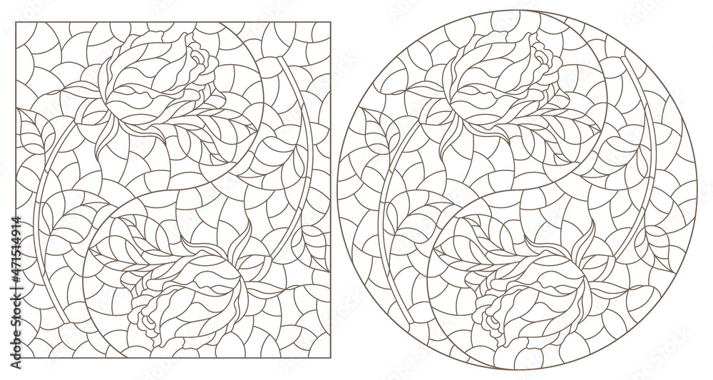 Set of contour illustrations in stained glass style with roses, dark contours on a white background Set of contour illustrations in stained glass style with roses, dark contours on a white background