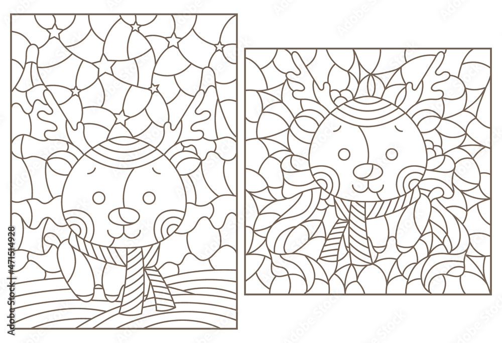 Fototapeta premium A set of contour illustrations in the style of stained glass on the theme of New Year holidays with cute deers, dark outlines on a white background
