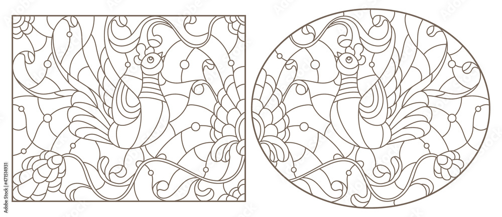 Obraz premium A set of contour illustrations in the style of stained glass with birds and flowers, dark contours on a white background