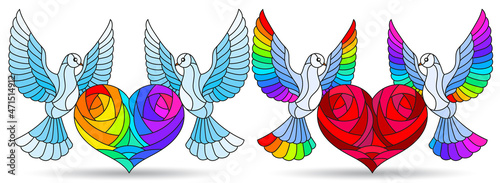 A set of stained glass illustrations with pigeons and hearts, animals isolated on a white background