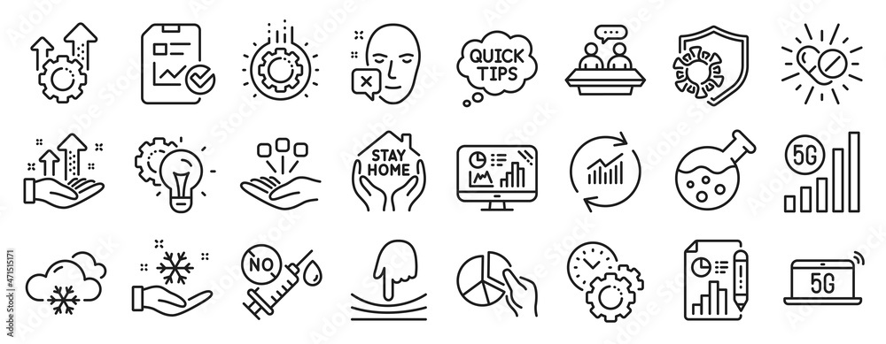 Set of Science icons, such as Idea gear, Consolidation, Snow weather icons. 5g notebook, Seo gear, Analytics graph signs. Pie chart, Quick tips, Chemistry lab. Coronavirus, Stay home. Vector