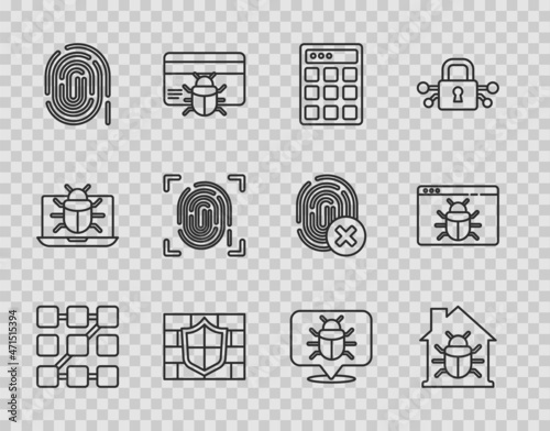 Set line Graphic password protection, House system bug, Password, Shield with brick wall, Fingerprint, System and icon. Vector
