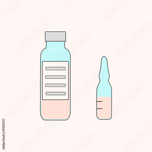 A set of bottle and ampoule with a medicine,  vaccine. Vector illustration in doodle style on isolated background.