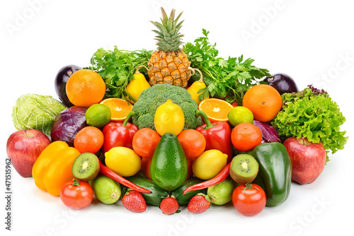 Warious vegetables and fruits isolated on white background.