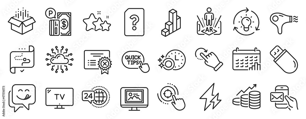 Set of Technology icons, such as Messenger mail, 24h service, Reject certificate icons. Rotation gesture, Hair dryer, Unknown file signs. Growth chart, Tv, Electricity. Usb stick, Idea. Vector