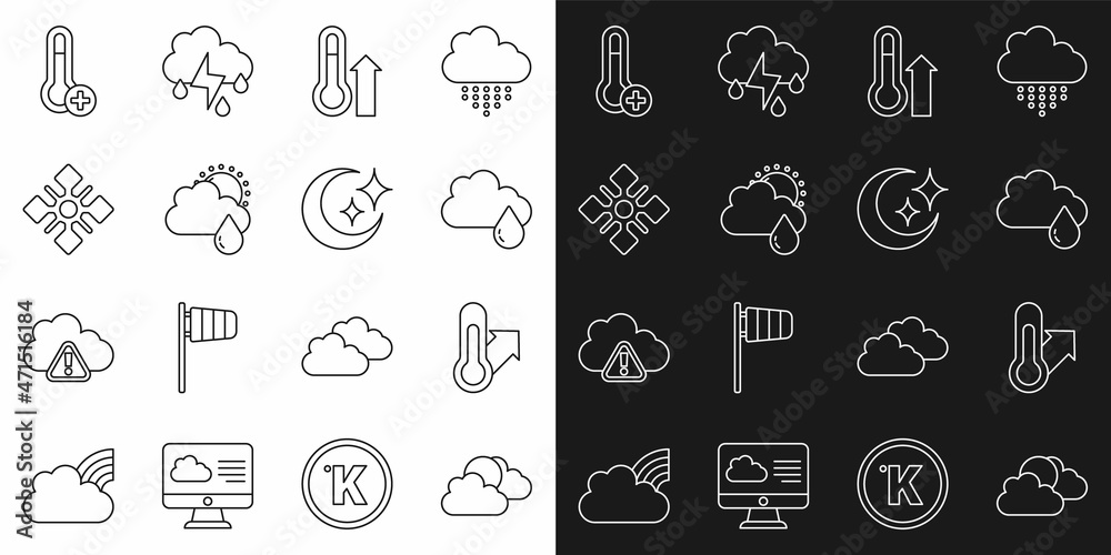 Set line Sun and cloud weather, Meteorology thermometer, Cloud with rain, sun, Snowflake, and Moon stars icon. Vector