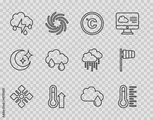 Set line Snowflake, Meteorology thermometer, Celsius, Cloud with rain and lightning, and Cone windsock wind vane icon. Vector