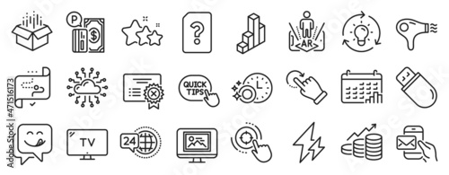 Set of Technology icons, such as Messenger mail, 24h service, Reject certificate icons. Rotation gesture, Hair dryer, Unknown file signs. Growth chart, Tv, Electricity. Usb stick, Idea. Vector photo