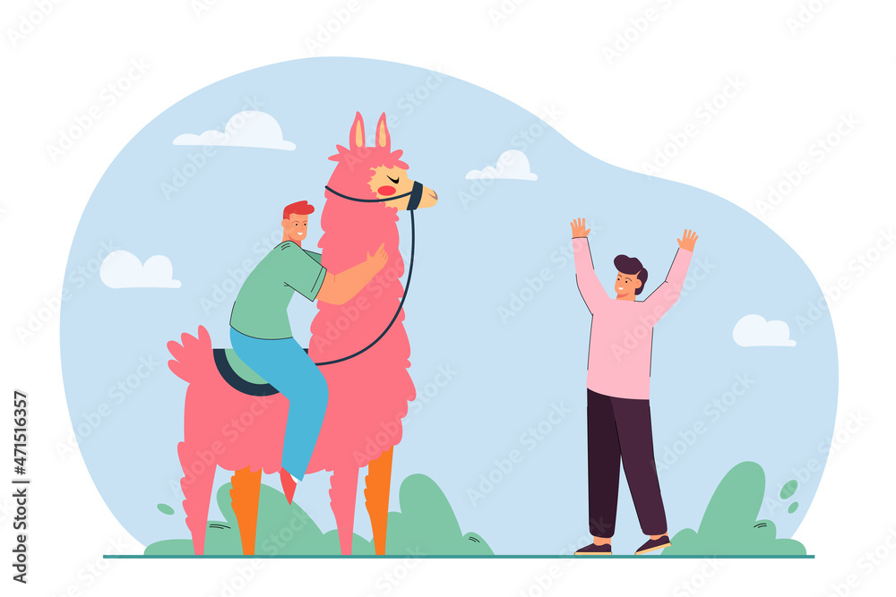 Fototapeta premium Happy rider riding funny pink llama. Male friends with cute animal from Peru flat vector illustration. Peruvian travel, nature, vacation concept for banner, website design or landing web page