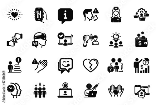 Vector Set of People icons related to Electronic thermometer, Family questions and Work home icons. Yummy smile, Time management and Cough signs. Hold heart, Online access and Dont touch. Vector