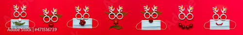 Christmas composition with decorations and ornametns on red background