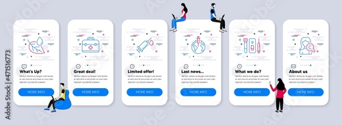 Healthcare icons set. UI phone app screens with teamwork. Included icon as Medical syringe, First aid, Pandemic vaccine signs. Leaf dew, Blood and saliva test, Collagen skin line icons. Vector